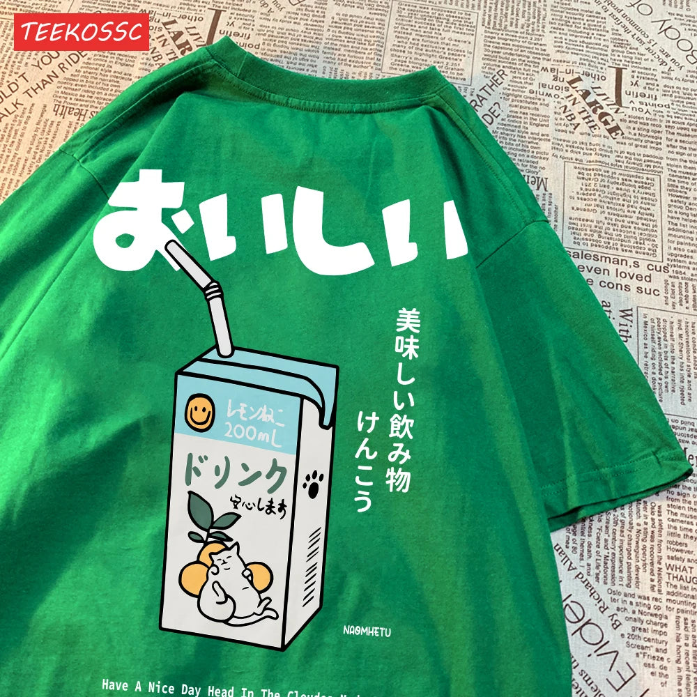 Camiseta Oversize Unisex Algodón | Estampado Japonés Gatito Harajuku Casual Verano