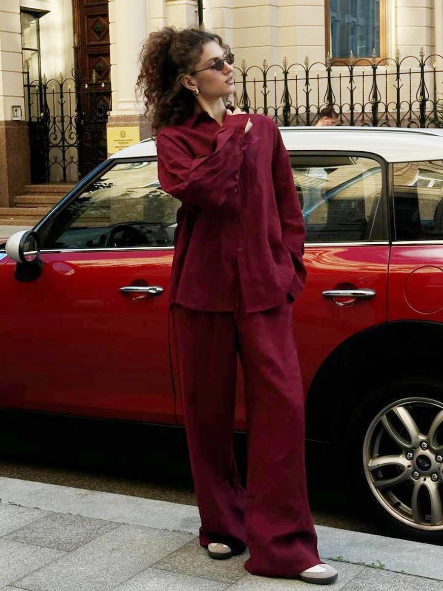 Conjunto Casual Mujer Algodón | Set Camisa Manga Larga y Pantalón con Cintura Elástica