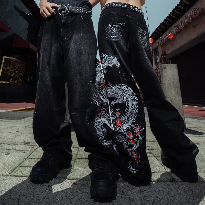 Jeans Baggy Bordados Hombre | Pantalones Oversize Y2K Hip Hop Streetwear Harajuku Cintura Alta Pierna Ancha