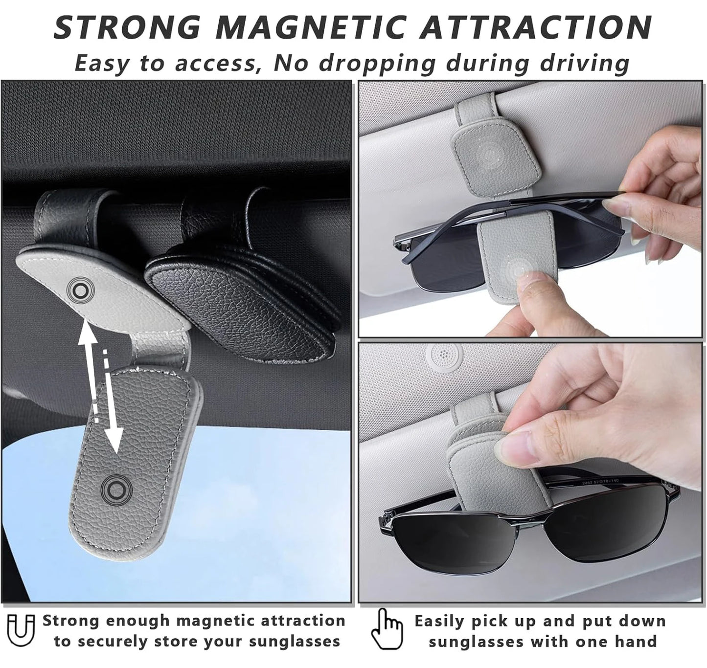 2PCS Porta Gafas de Sol Magnético para Parasol de Coche – Clip de Cuero con Soporte para Gafas y Tickets