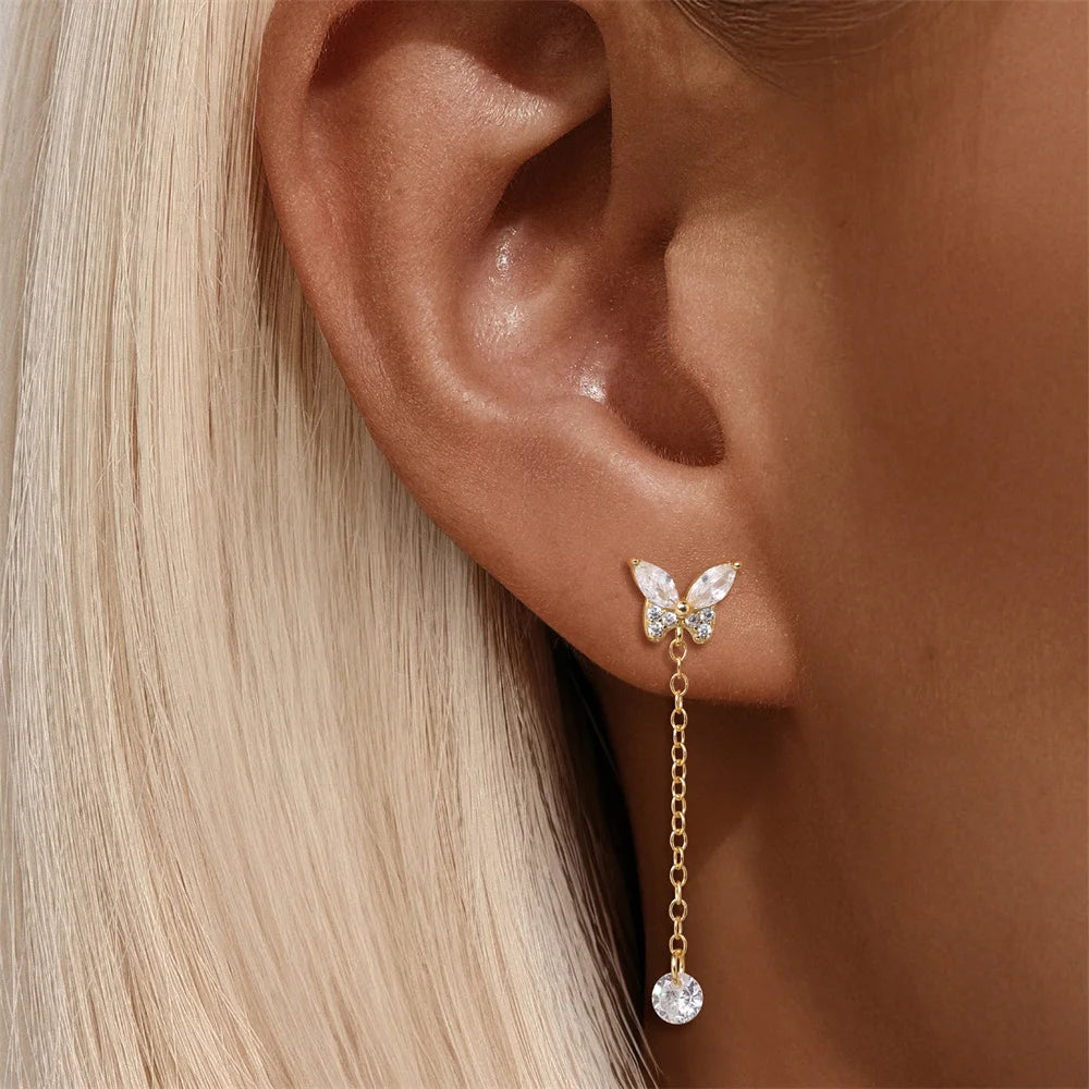 CANNER Aretes Mariposa con Borla Plata 925 | Baño Oro con Zirconia