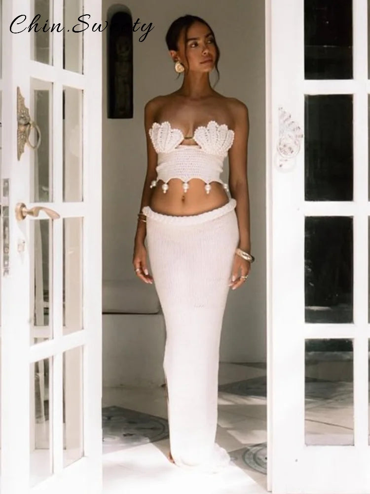 Conjunto Bikini Mujer 2025 | Crochet Hueco con Perlas Top y Falda Playa
