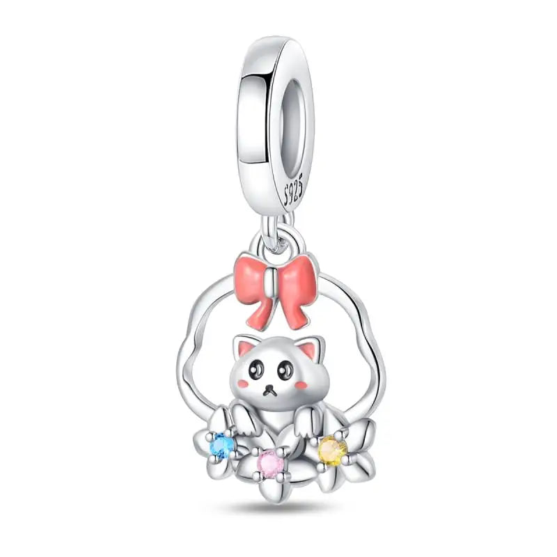 Charm Mascotas y Animales en Plata 925 – Gatito, Perrito y Oveja con Circonitas de Colores | Compatible Pulsera Pandora