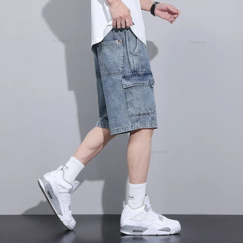 Shorts Vaqueros Hombre Oversize Verano | Pantalones Cortos Cargo Casual Estilo Coreano con Cintura Elástica Azul Gris