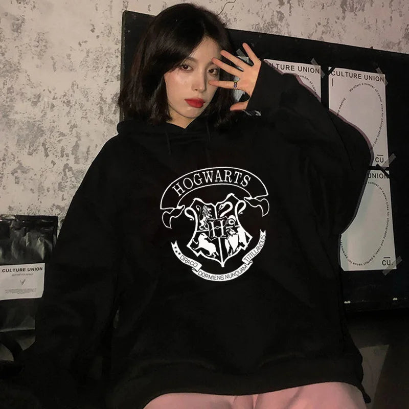 Hoodie Oversize Hogwarts | Sudadera Y2K Estampada Harry Potter Otoño Invierno