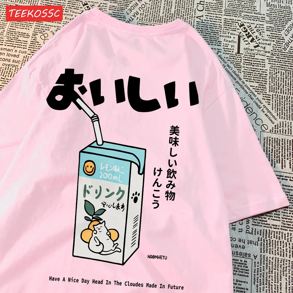 Camiseta Oversize Unisex Algodón | Estampado Japonés Gatito Harajuku Casual Verano