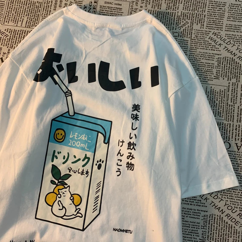 Camiseta Oversize Unisex Algodón | Estampado Japonés Gatito Harajuku Casual Verano