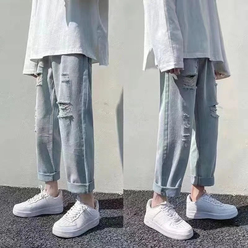 Jeans Oversize Hombre Cropped Verano | Vaqueros Rotos Tallas Grandes Moda Coreana