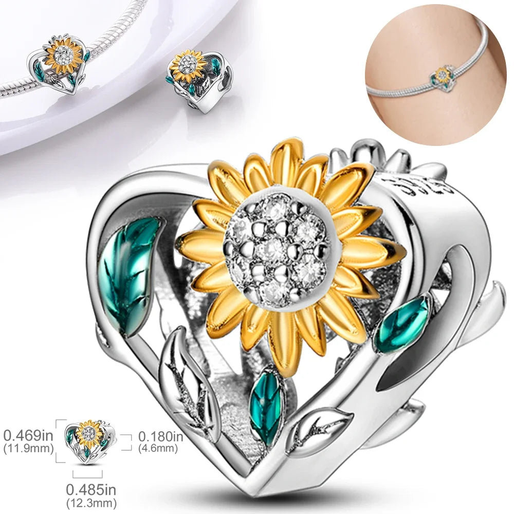 Charm Corazón con Girasoles Dorados en Plata 925 | Beads para Pulsera Original Pandora