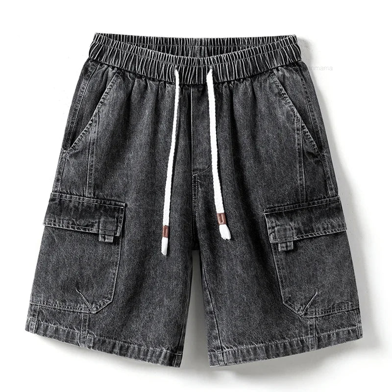 Shorts Vaqueros Hombre Oversize Verano | Pantalones Cortos Cargo Casual Estilo Coreano con Cintura Elástica Azul Gris