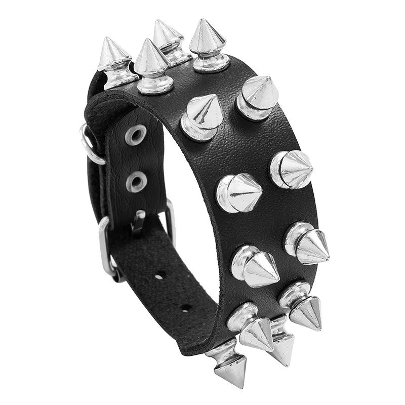 Pulsera Punk de Cuero PU con Tachuelas y Púas - Brazalete Ajustable Negro Unisex