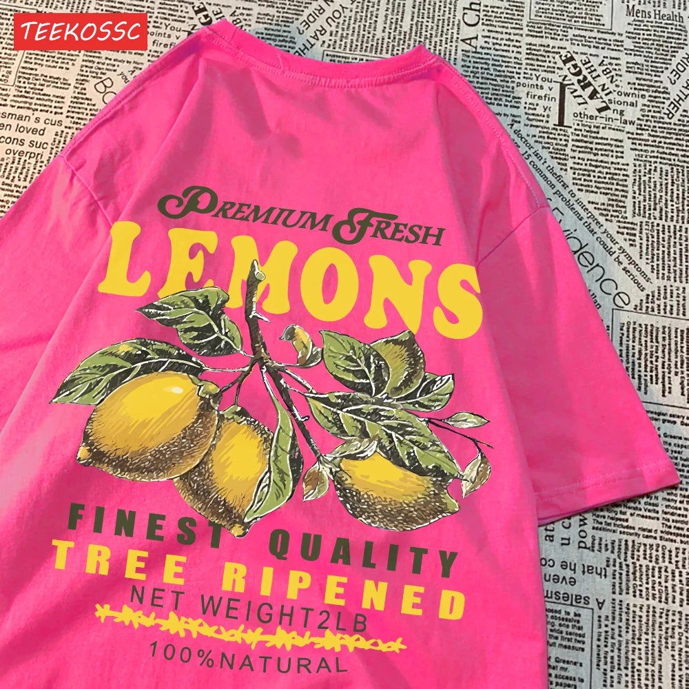 Camiseta Oversize Mujer Verano | Algodón Estampado Limones y Cerezas Casual