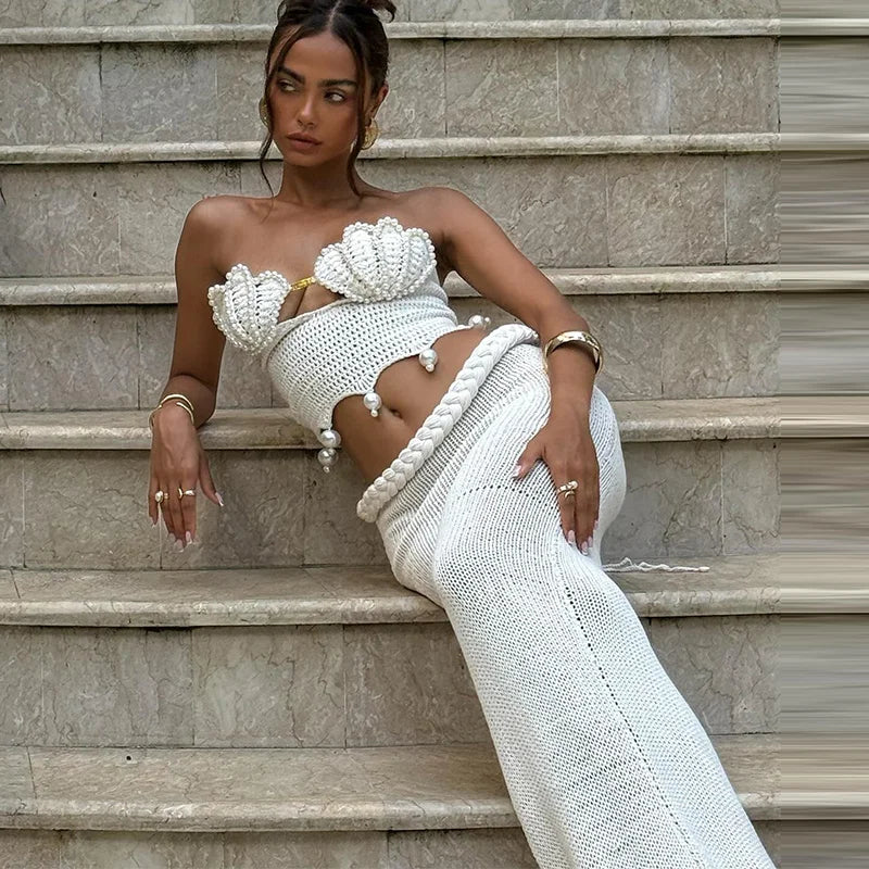 Conjunto Bikini Mujer 2025 | Crochet Hueco con Perlas Top y Falda Playa