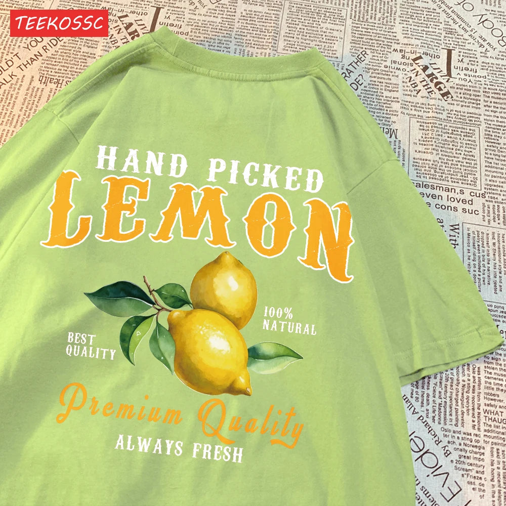 Camiseta Oversize Mujer Verano | Algodón Estampado Limones y Cerezas Casual