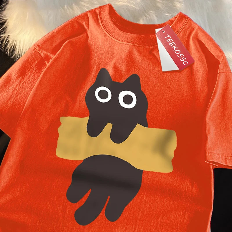 Camiseta Oversize con Estampado de Gato – T-shirt Manga Corta Estilo Japonés Unisex, Algodón, Cuello Redondo