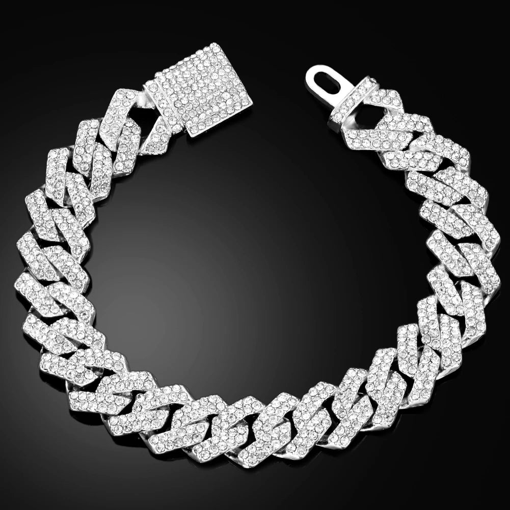 Pulsera Cuban Chain Iced Prong 14mm – Rhinestones Brillantes para Hombre y Mujer