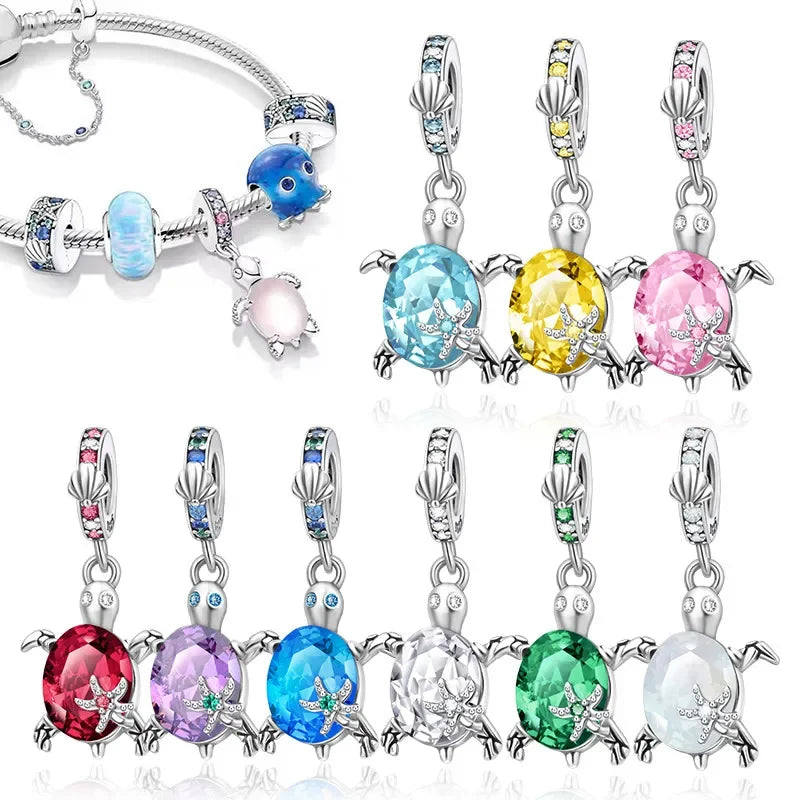 Charm Tortuga Marina con Circón Azul 925 Plata | Compatible Pandora Pulsera Mujer DIY