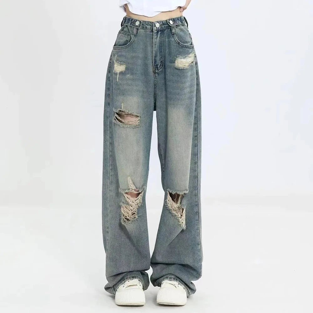 Jeans Vintage Y2K Mujer | Pantalón Vaquero Ancho de Tiro Alto con Rotos Streetwear