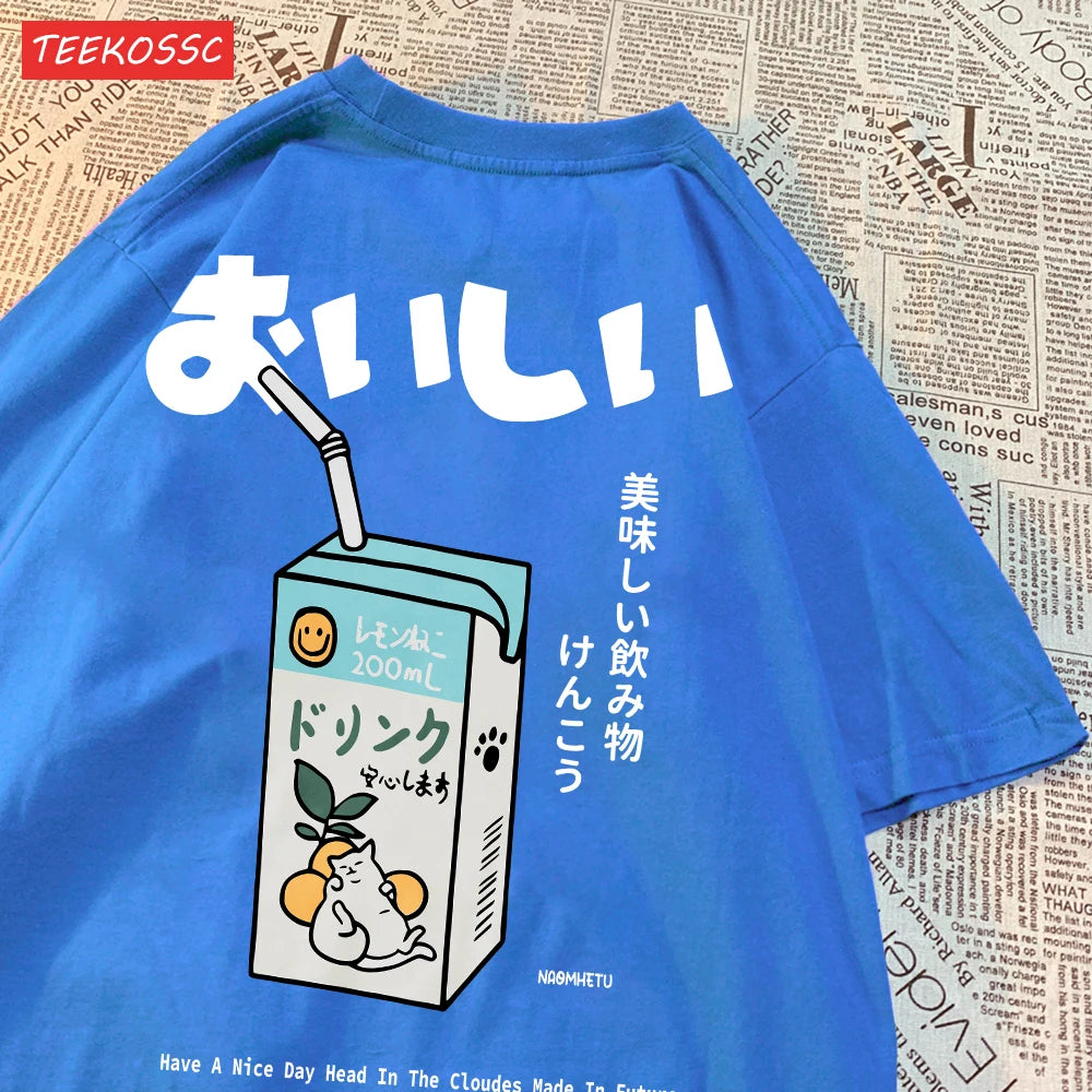 Camiseta Oversize Unisex Algodón | Estampado Japonés Gatito Harajuku Casual Verano