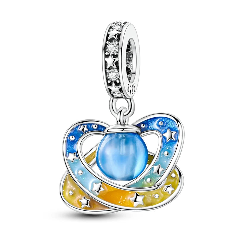Charm de Plata 925 Trébol Azul Degradado y Flor Iris Rosa – Abalorio Elegante para Pulseras Originales