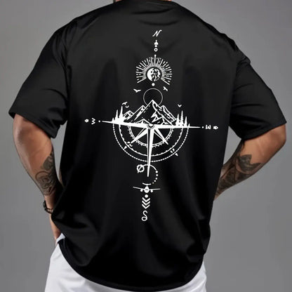 Camiseta Hombre Verano 100% Algodón | Casual Deportivo Oversized | Estampado Brújula Retro Manga Corta Cuello Redondo