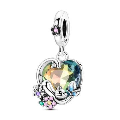 Charm de Plata 925 Trébol Azul Degradado y Flor Iris Rosa – Abalorio Elegante para Pulseras Originales