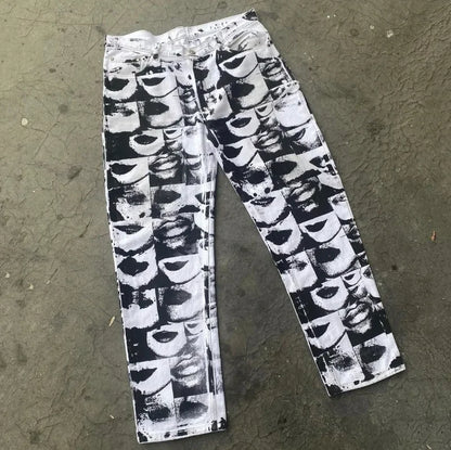 Jeans Hip Hop Talle Alto con Estampado de Caricaturas – Pantalones Y2K Oversize Pierna Ancha Unisex Estilo Rock Streetwear