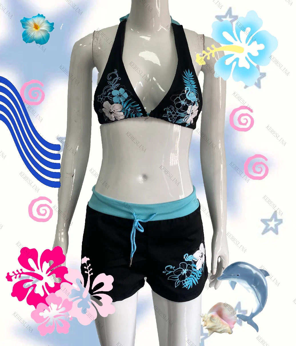 Bikini Vintage Y2K Mujer | 2 Piezas Estampado Flores Halter Playa