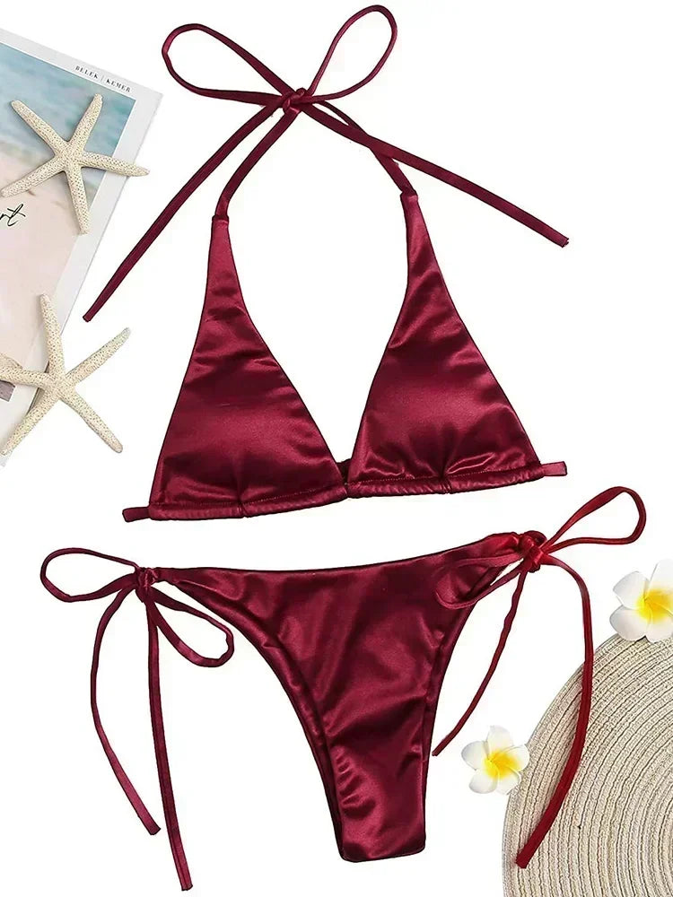 Bikini Brasileño Halter Mujer | Satinado Metálico Push Up 2 Piezas