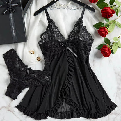 Lencería Sexy Mujer Roja Transparente | Baby Doll de Encaje con Tanga Conjunto Noche