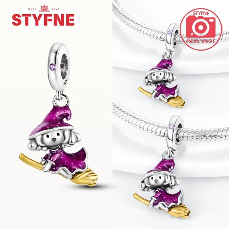 Charm Colgante de Halloween Plata 925 | Bruja Mágica con Efecto Luminoso para Pulsera Original