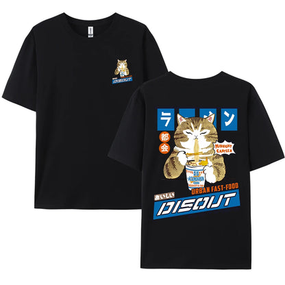 Camiseta Unisex 2025 | Estilo Harajuku con Gato y Noodles Gráfico