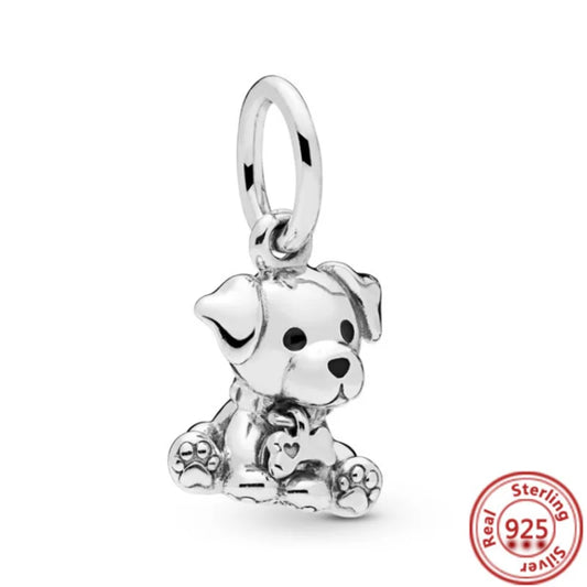 Charm perrito y huesito de plata 925 – Abalorio estilo sorpresa para pulsera tipo Pandora, joyería DIY romántica