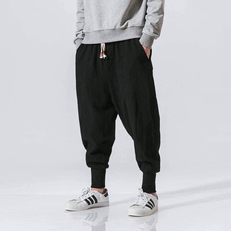 Pantalón Harem Hombre Algodón Lino | Jogger Holgado Streetwear Casual con Cintura Elástica