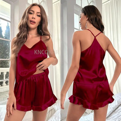 Pijama Sexy Mujer Satén y Encaje | Set 2 Piezas Top Sin Mangas + Shorts