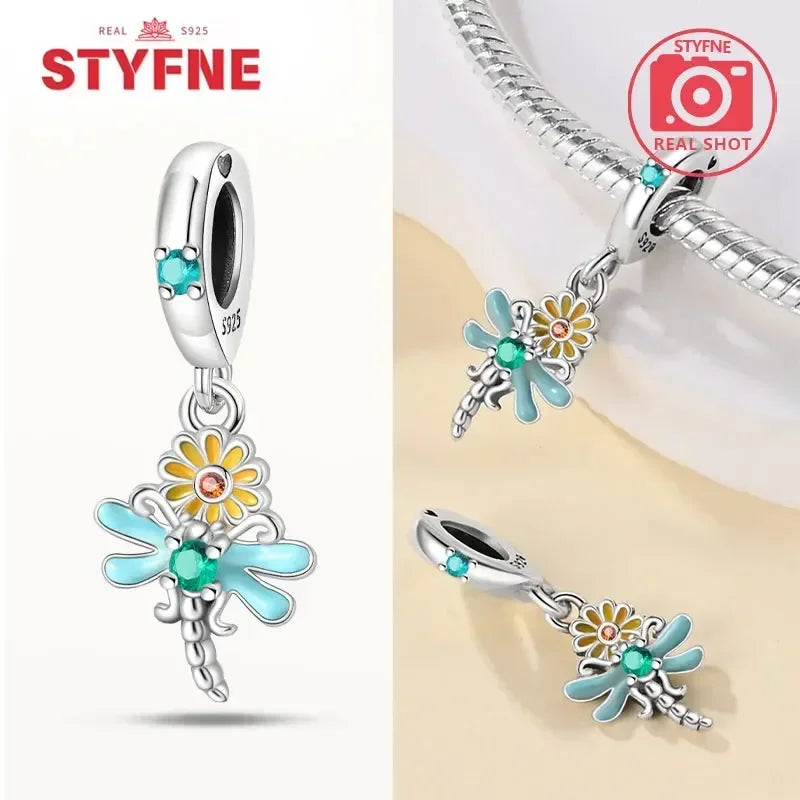 Charm Plata S925 Mariposa Libélula Flores con Gemas | Compatible Pulsera Pandora