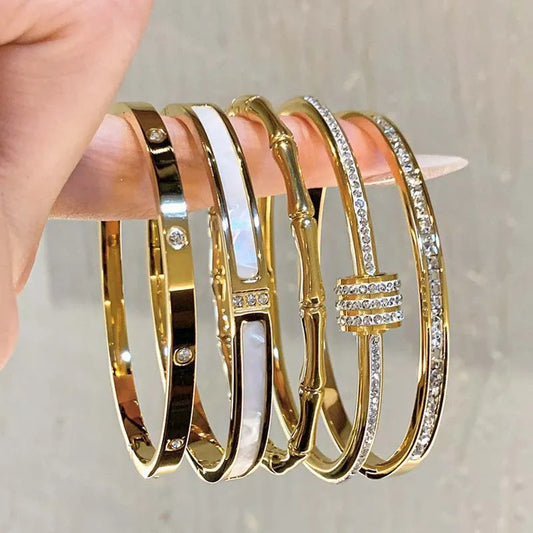Pulsera de Acero Titanio Incrustada con Circonia | Baño de Oro | Estilo Clásico y Elegante para Mujer | Joyería de Uso Diario