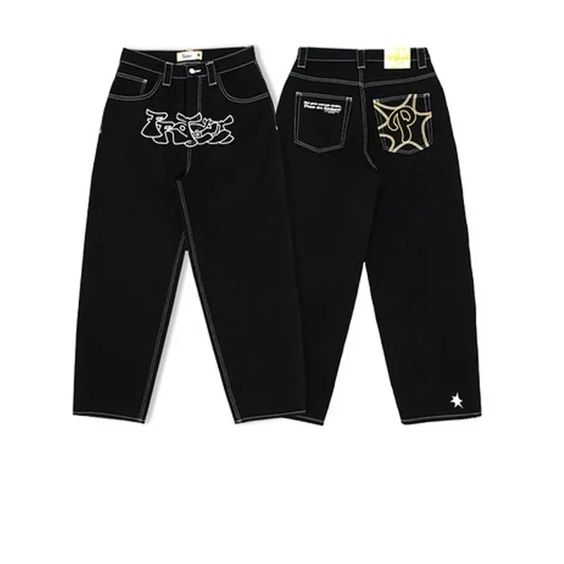 Jeans Oversize Y2K Phantom Unisex | Pantalones Baggy Estilo Hip Hop Streetwear con Parche Bordado Araña Gótico Retro
