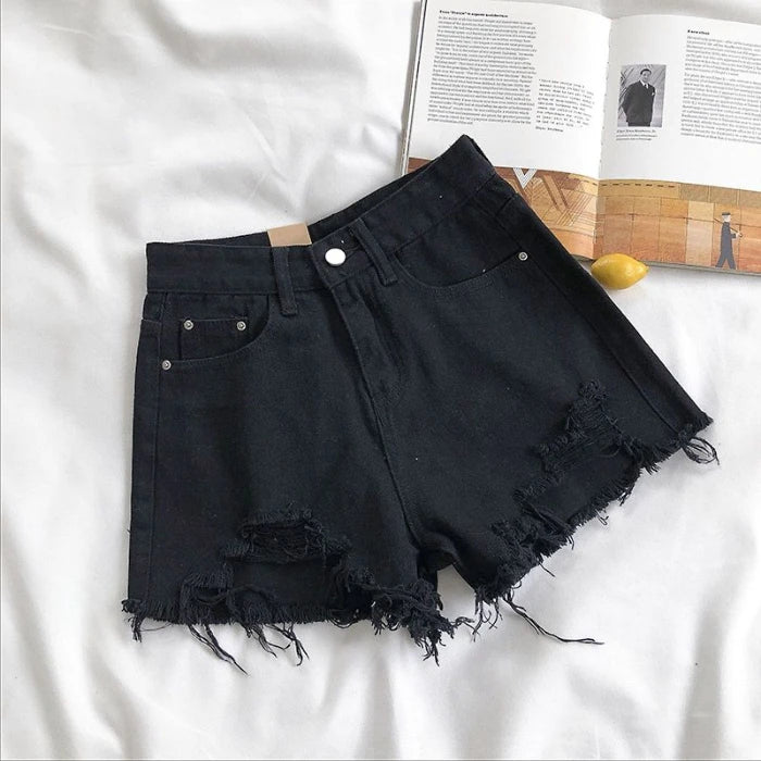 Shorts Vaqueros Mujer Cintura Alta | Denim Azul Coreano con Flecos y Detalles Y2K