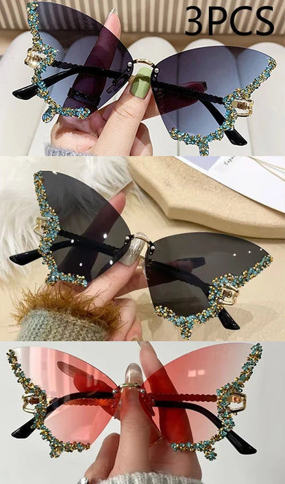 Gafas de Sol Mariposa Diamante Mujer | Vintage Y2K Oversized Rimless Eyewear de Lujo