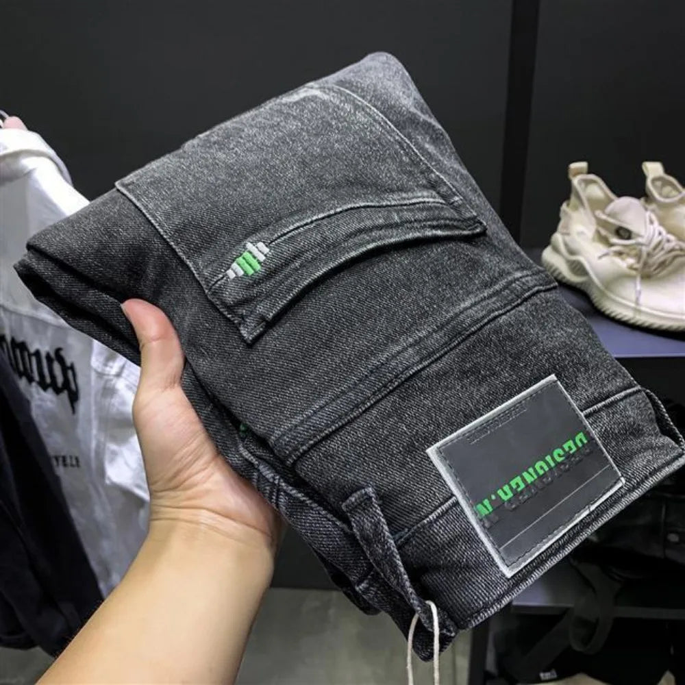 Jeans Slim Hombre Estilo Coreano con Estampado | Pantalón Vaquero Streetwear de Lujo Primavera Otoño