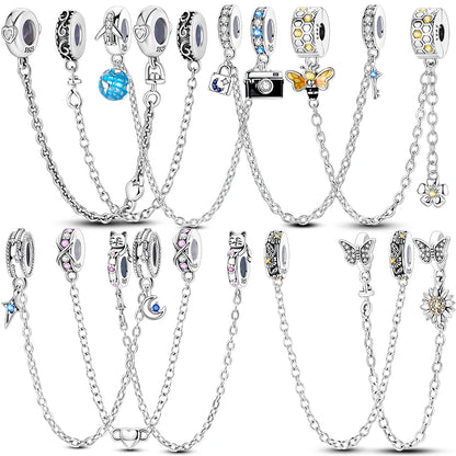 Charm de Plata 925 – Safety Chain, Avión, Tierra, Cámara y Margarita para Pulsera DIY Mujer
