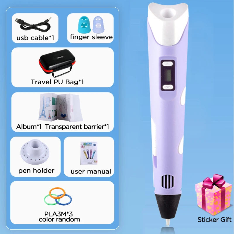 Kids 3D Printing Pen con Pantalla LCD y Stickers – Compatible con Filamento PLA, Seguro y Creativo, Regalo de Cumpleaños para Niños y Niñas