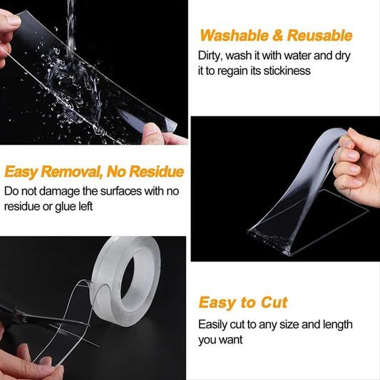Nano Tape Transparente Reutilizable 1m/2m/3m/5m | Cinta Adhesiva de Doble Cara Súper Fuerte Impermeable y Sin Rastro