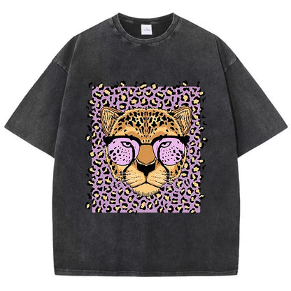 Camiseta Oversize Mujer Vintage | Algodón Lavado Ácido Estampado Leopardo Caricaturas