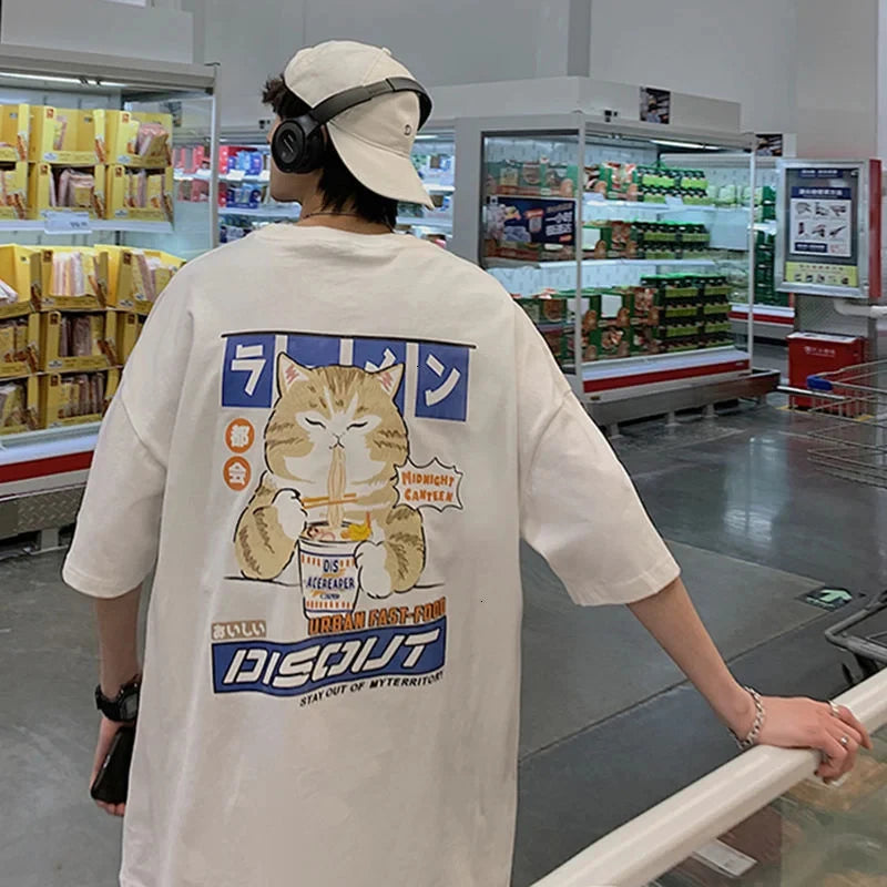 Camiseta Unisex 2025 | Estilo Harajuku con Gato y Noodles Gráfico