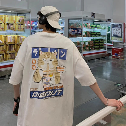 Camiseta Unisex 2025 | Estilo Harajuku con Gato y Noodles Gráfico