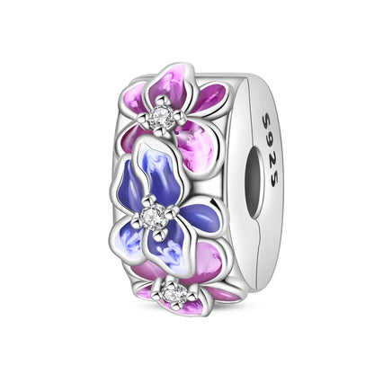 Charm de Plata 925 Trébol Azul Degradado y Flor Iris Rosa – Abalorio Elegante para Pulseras Originales
