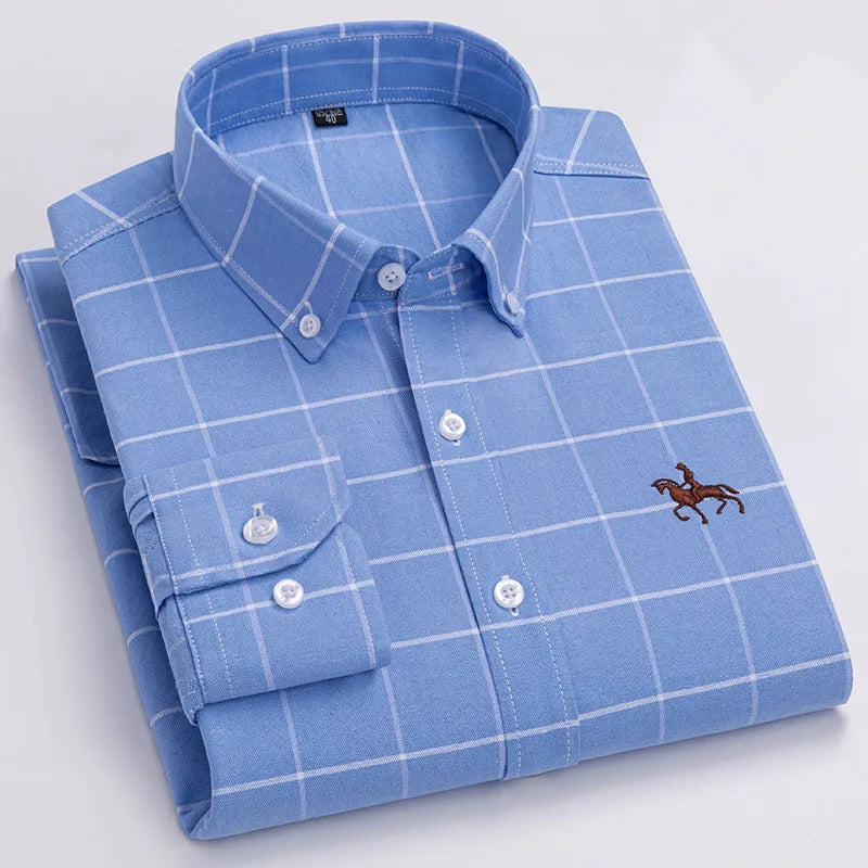Camisa Hombre 2024 | Oxford de Algodón con Bordado de Caballo y Manga Larga Oversize