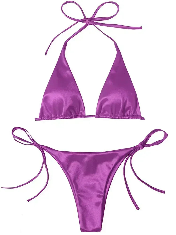 Bikini Brasileño Halter Mujer | Satinado Metálico Push Up 2 Piezas